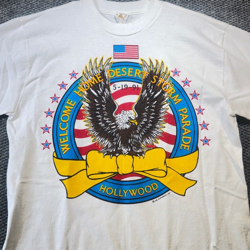 Vintage 1991 Desert Storm Parade Hollywood T-Shirt Kaufenberg White Mens M Rare